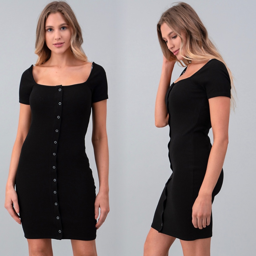 Heart Hips Black Button-Front Square Neck Mini Dress